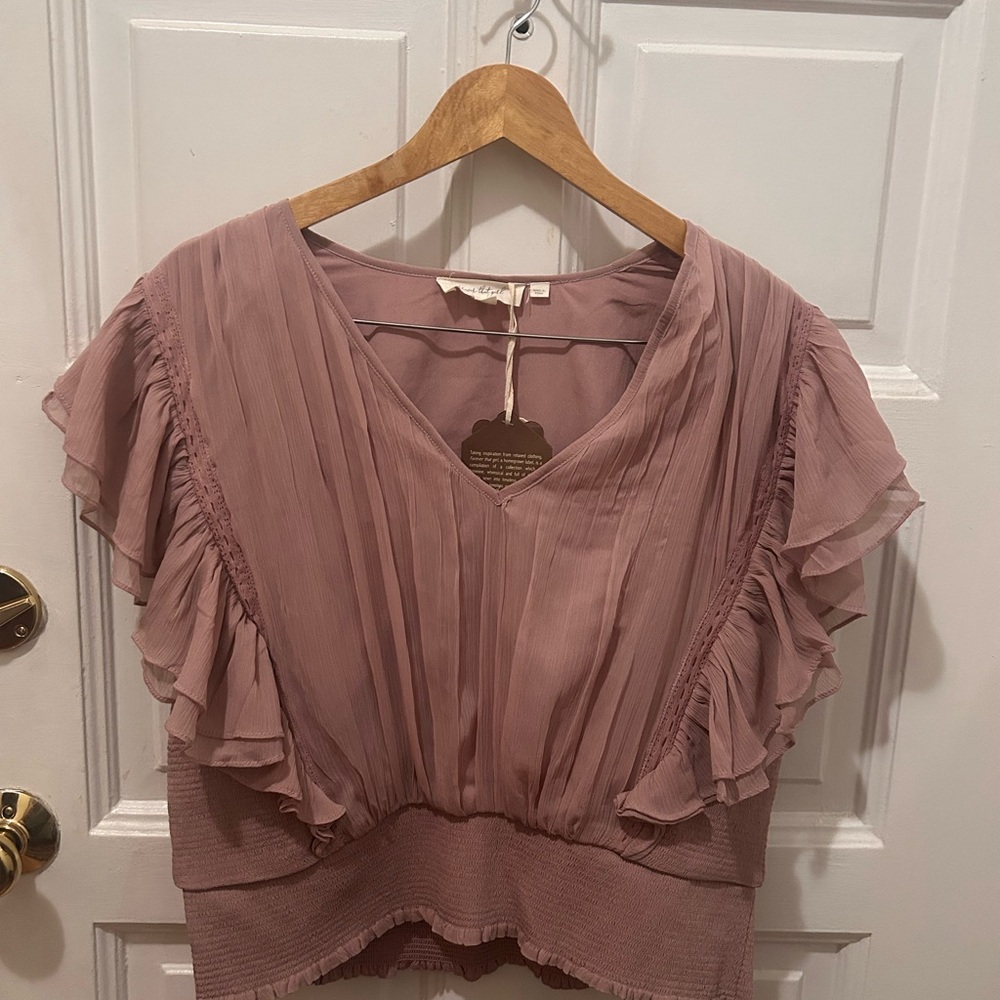 Anthropologie Pink Flutter Sleeve Blouse with Ruffled Details